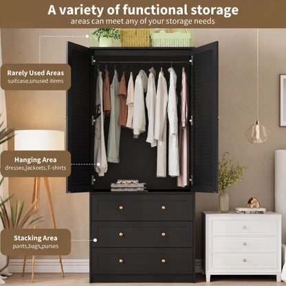 Garvee 70" Wardrobe Armoire Wooden Closet with 2 Doors and 3 Drawers, Bedroom Armoire with Hanging Rod Shelf, Large Capacity Storage Wardrobe Armoire, Freestanding Wooden Closet Storage Cabinet