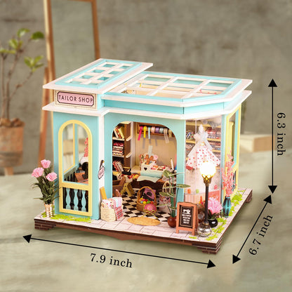 DIY Miniature House Kit,Tailor Shop Dollhouse Miniature Kit with LED & Furniture,Mini Diorama House Building Kit for Adults,3D Wooden Craft Tiny House Mini Model Kit,Home Decor Family Birthday Gifts