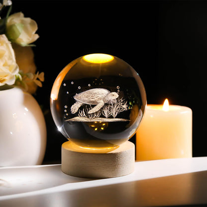 Arikyrist 3D Sea Turtle Crystal Ball Lamp with Wooden Base, 3D Laser Etched Crystal Sea Turtle Decor Glass Sphere Figurine Ornaments, Crystal Sea Turtle Gifts for Women Men Kids