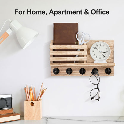 Lwenki Key Holder for Wall – Decorative Wooden Mail Holder and Key Shelf with Mounting Hardware, Installation Guide – Paulownia Wood with Metal Key Hooks (Wood, Large - 11.8inch)
