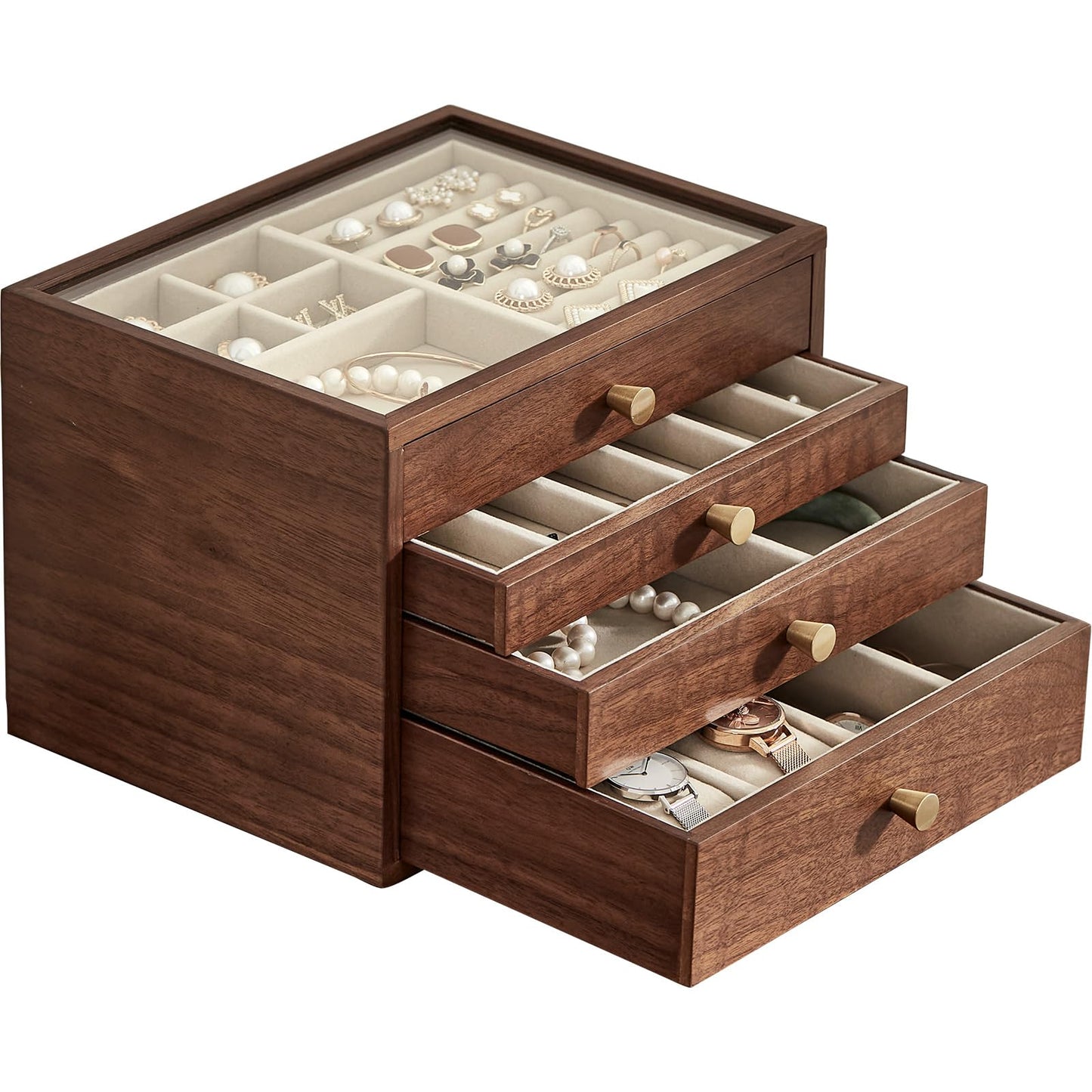 CHOSIN Black Walnut Jewelry Box for Women, 4-Layer Wooden Organizer with Glass Lid, for Watches, Necklaces, Rings & Earrings Storage Christmas Gifts