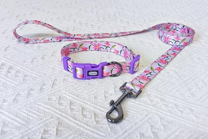 Dog Collar Leash Set, Floral Pattern, Polyester Material, Adjustable Collar and 5ft Matchcing Leash, for Small Dogs.(S, Purple Lily)