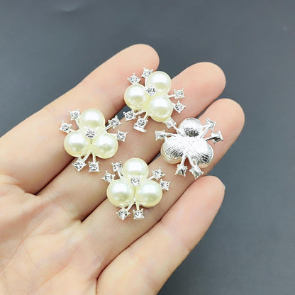YOOGCORETT 10pcs Pearl Rhinestone Flower Buttons Flat Back Embellishments Sew On Buttons for DIY Craft, Bags Shoes Dress Decoration, 21 x 21mm, Silvery