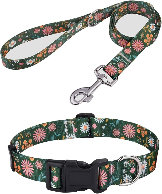 Mihqy Dog Collar and Leash Set with Bohemia Floral Tribal Geometric Patterns - Soft Ethnic Style Collar Adjustable for Small Medium Large Dogs(Dark Green Flower Set,M)