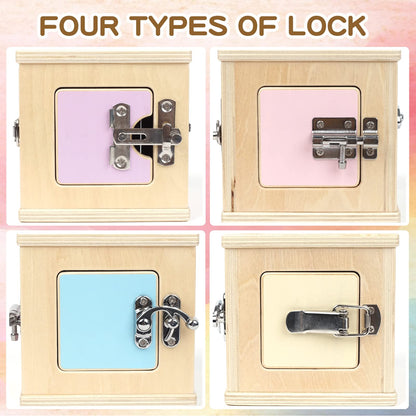 Beech Wooden Lock Box with 4 Different Doors & Various Lock Mechanisms Helps Develop Probelm Solving Skills,Montessori Wooden Educational Toy,Learning Fine Motor Skills Activity Board for 1+ Years