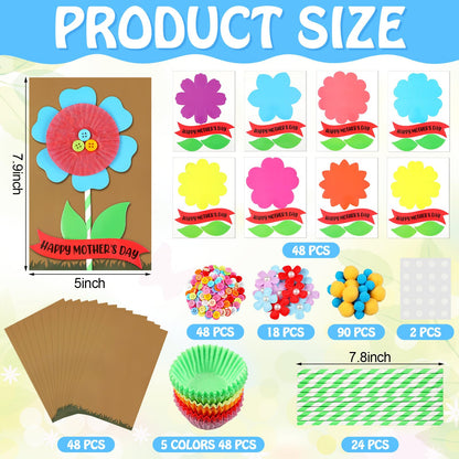 Engrowtic 48 Pcs DIY Mother's Day Flower Craft Kit Happy Mother's Day Card Making Kit with Blessing Message Envelope Make Your Own Flower Greeting Card for Gifts Classroom School Home Activities