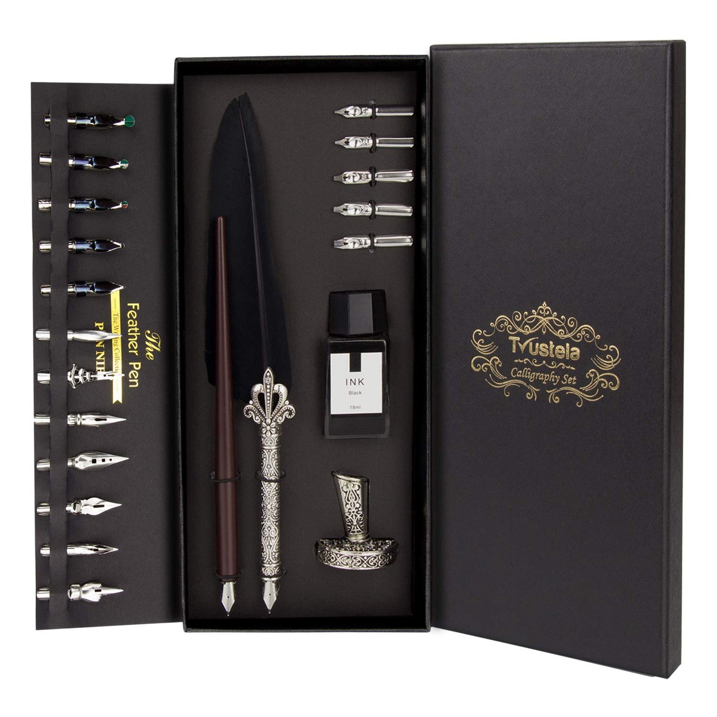 Trustela Calligraphy Set for Beginners, Wooden Dip Pen, Feather Quill, 19 Nibs, Ink Set, Gift Box