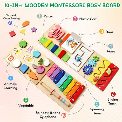 Montessori Busy Board for 1 Year Old, 2 Pcs Wooden Sensory Toys for Toddlers 1-3, Preschool Learning Activities Game for Fine Motor Skills, Birthday Easter Gifts for 1 2 3 4 Years Old Baby Boys Girls