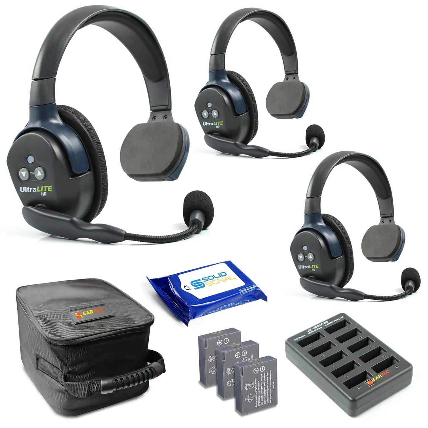 Eartec UL4S Ultralite Full Duplex Wireless Headset Communication for 4 Users - 4 Single Ear Headsets with SolidSignal Cleaning Wipes Bundle