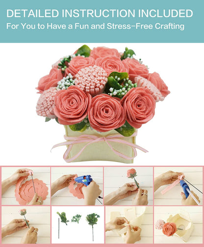 BAZIMA DIY Felt Flower Art Craft Kit, Pink Rose and Carnation Pot Bonsai Kit, Floral Gifts, Beginner Craft Kit, Arrange Pre-Cut Flowers and Foliage