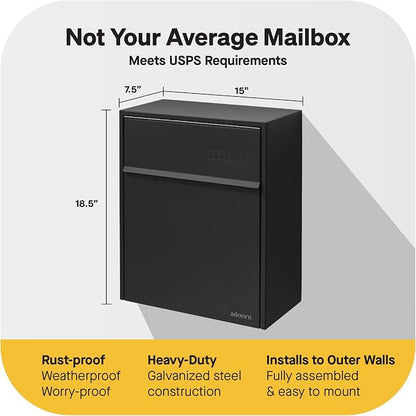 Adoorn Lockable Wall Mount Mailboxes for Outside - Large Anti-Theft Locking Mailbox for Letters - Weatherproof Construction - Durable Steel - 18.5" H x 15" L x 7.5" D - Black