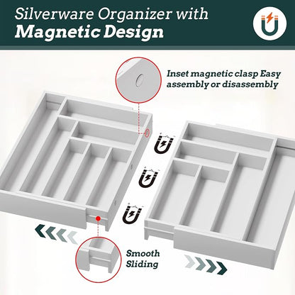 Silverware Organizer Large, Magnetic Connected Expandable 13 Slots Silverware Drawer Organizer from 21 to 37.4 Inches, Adjustable Flatware and Cutlery Holder, Bamboo Utensil Tray for Kitchen White