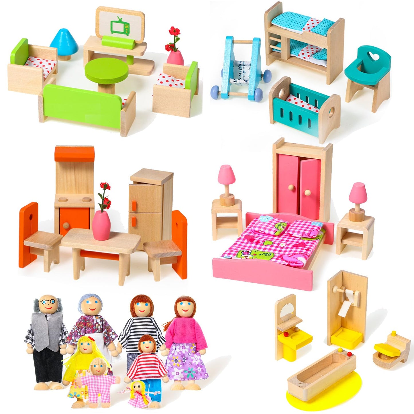 Civaner 52 Pcs Wooden Dollhouse Furniture Set Including 8 Family Dolls Miniature Doll House Accessories 1:12 Scale 5 Space Kits Bathroom Bedroom Living Room Dining Room Kitchen Gift for Christmas