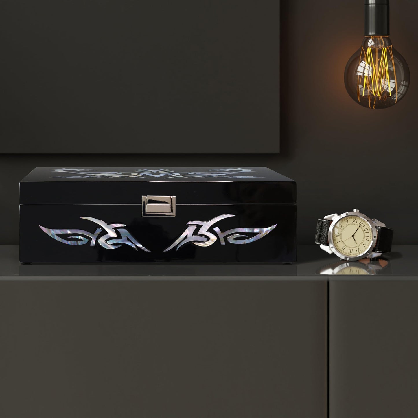 MADDesign Mother of Pearl Watch Box Jewelry Organizer Daily Storage Handmade Tribal Dragon Design (Black)