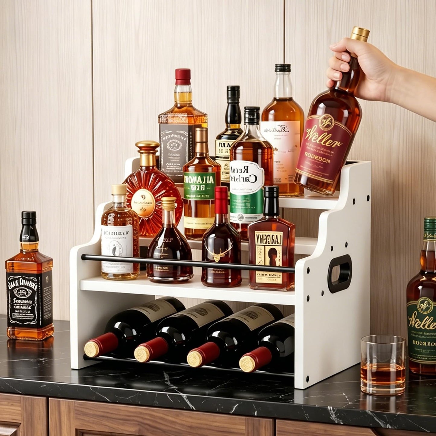 FZGhome 4-Tier Wood Display Shelf Wine Rack for 16 Bottles Wood Coffee Syrup Organizer with Handles Home Whiskey Shelf Retro Mini Liquor Cabinet Spice Rack Coffee Bar Shelves, White