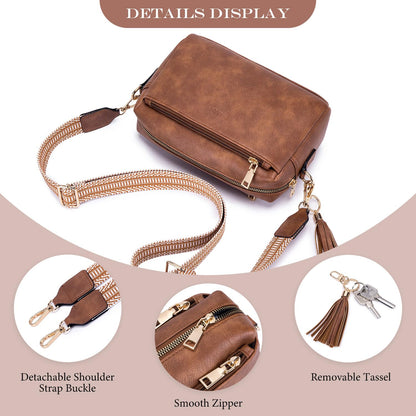 Roulens Triple Zip Small Crossbody Bag for women,Wide Strap Cell Phone Purse Shoulder Handbag Wallet with Credit Card Slots