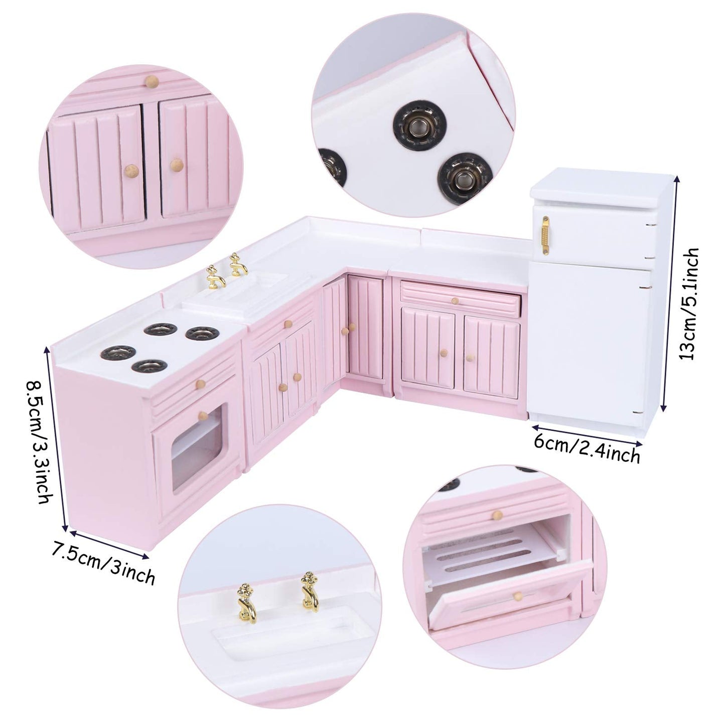 Haomian 1:12 Scale Dollhouse Kitchen Furniture Set, Pink Wooden Miniature L-Shaped Kitchen Cabinets with Fridge Sink Stove, Doll House Kitchen Accessories for Role Play DIY Decor Collectibles