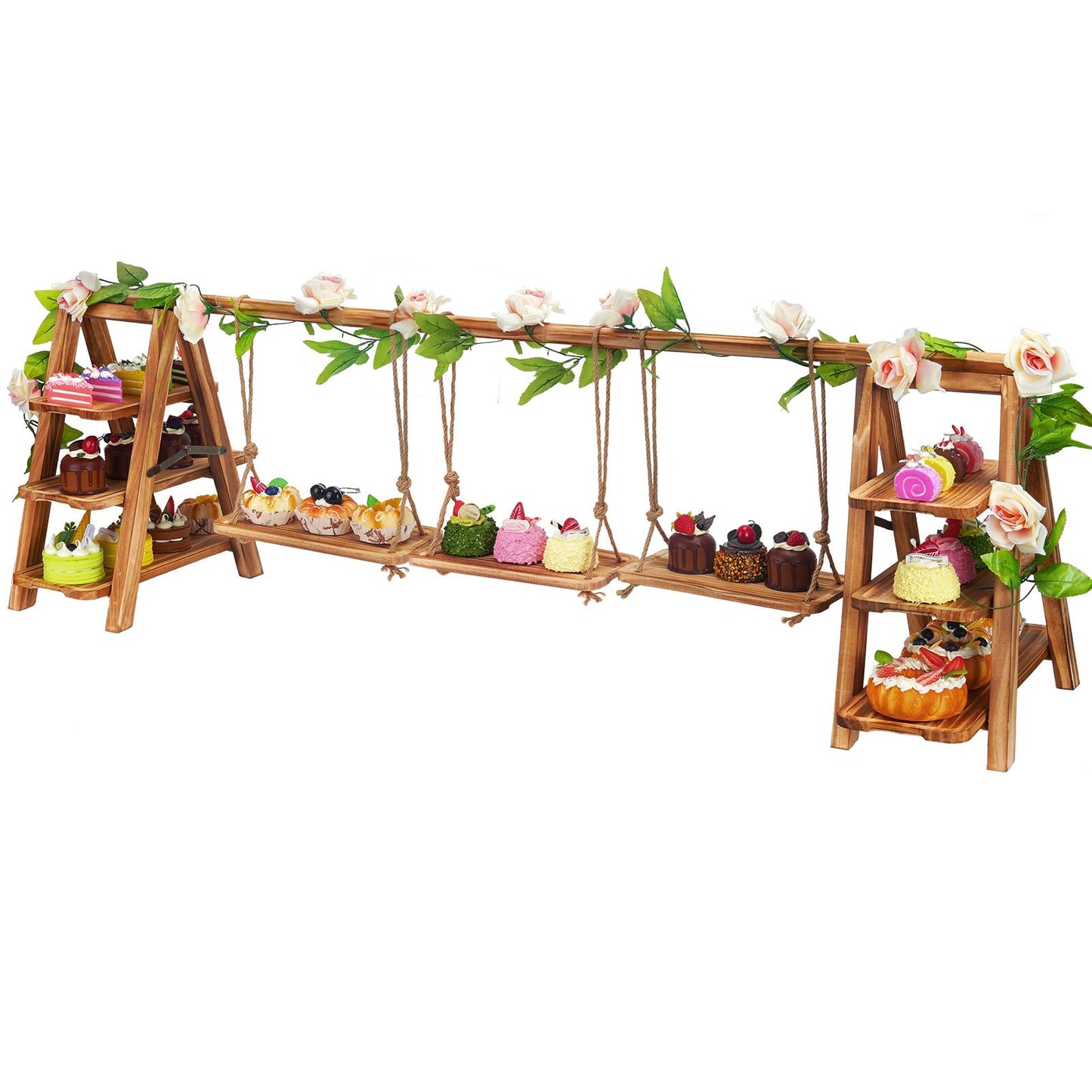Wooden 3 Tier Cupcake Stand with Artificial Flower Vine Hanging Swing Trays Foldable & Removable Design for Birthday Wedding Catering Baby Shower Party