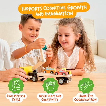 Nene Toys Magnetic Car Loader with 4 Cars and 1 Semi-Trailer Wooden Truck for Kids 2+ Year Old - Interactive Crane Wooden Toy - Vehicle Toys for Boys Girls - Educational Toy for Toddlers Ages 2+