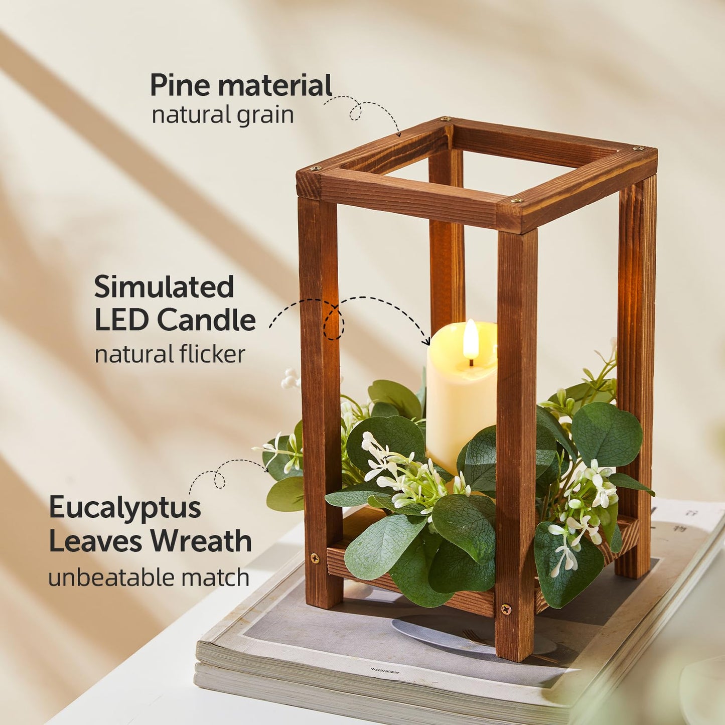 Tristcily 60 Pcs/20 Set Wooden Wedding Lantern Centerpiece,Wooden Centerpieces for Tables-with 20 Holders 20 Candles 20 Wreaths for Rustic Table Decoration Country Barn Wedding Party (Brown)