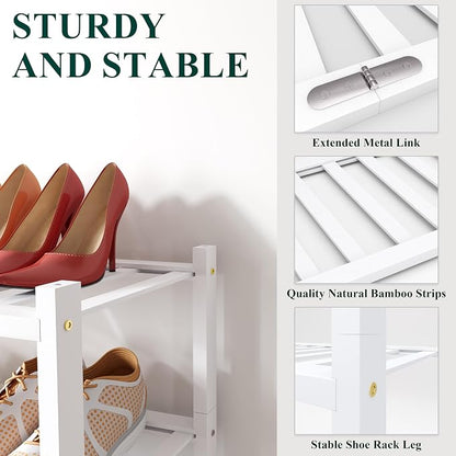 Smiry Bamboo Shoe Rack, 5 Tier Free Standing Wooden Shoe Organizer, Stackable Wood Shoe Storage Shelf for Closet, Entryway, 12 Vertical Slats, 2+2+1 Stack Standard Legs, 26.8"x11"x32.5", White