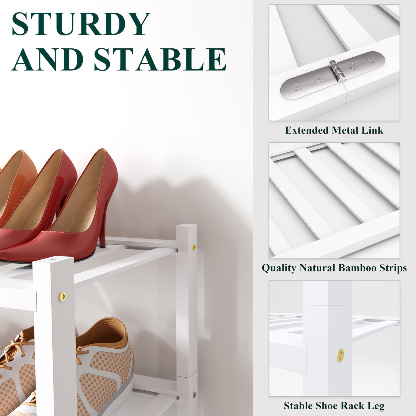 Smiry Long Bamboo Shoe Rack, 3 Tier Free Standing Wooden Shoe Organizer, Stackable Wood Shoe Storage Shelf for Closet, Entryway, 12 Vertical Slats, 2+1 Stack Standard Legs, 33.7"x11"x19.5", White
