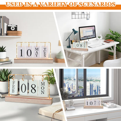 AUSTUFF Flip Wooden Perpetual Calendar Metal Desk Calendar 2025 Daily Desktop Calendar Monthly Weekly Year Planner Standing Office Home Desk Decor