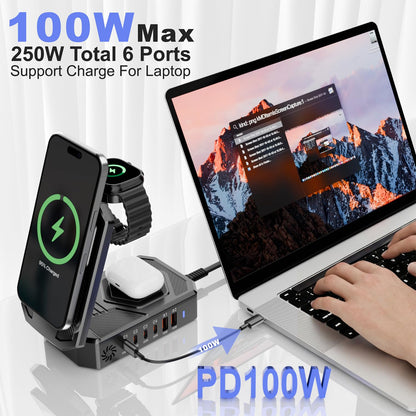 9-in-1 Magnetic Charging Station Foldable - 250W Hub with 100W USB-C for Laptops, 3-in-1 Wireless Dock for Phones/Watches/Earbuds