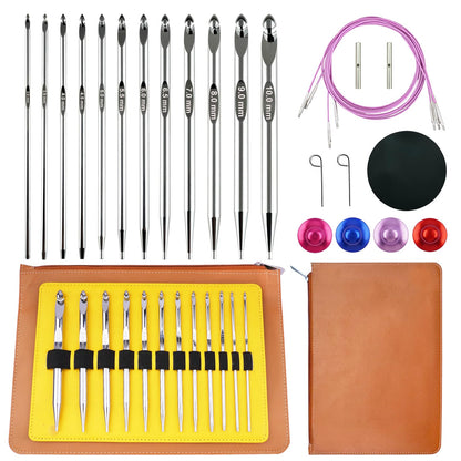 Hobekoee Tunisian Crochet Hooks Set with Cable,12 Size Aluminium Interchangeable Crochet Hook Set Inline Crochet Hooks Afghan Crochet Needles 3mm-10mm