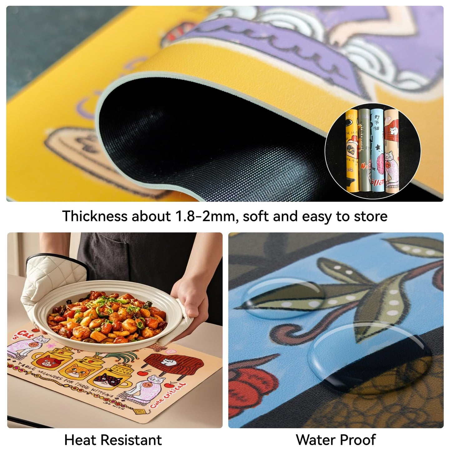 SAMCAM Placemats Set of 4 with Hand-Drawn Illustrations, 17.7" x 11.8", Faux Leather Place Mats, Waterproof, Heat Resistant, Anti-Slip, Easy to Clean, Table Mats for Dining, Kitchen, Coffee Table