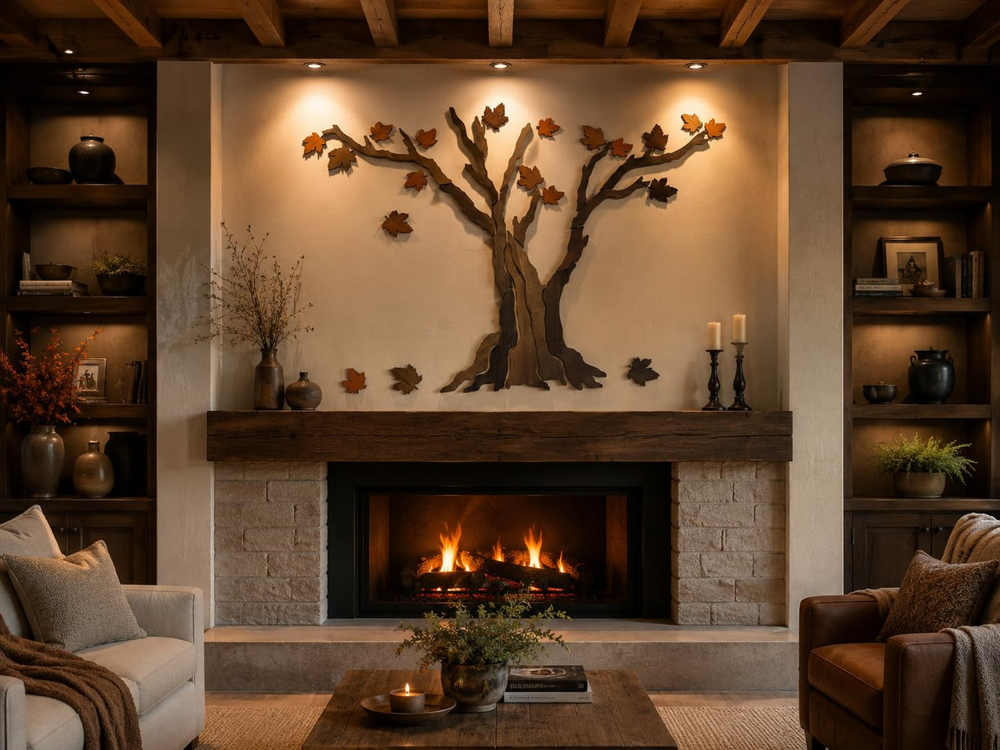 Handcrafted Wooden Maple Tree Wall Art - Large Rustic Tree Sculpture with Falling Leaves for Living Room, Above Sofa, Bedroom & Yoga Room, 59" x 39"