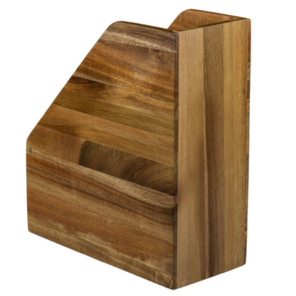 MyGift Premium Hotel Series Solid Acacia Wood Desktop Magazine File Holder Bin with Brass Tone Metal Accent, Vertical Office Desk Document Folder Binder Storage Organizer Rack