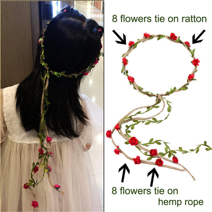 HOPEANT 12PCS Multicolor Flower Crown Floral Headband Wreath Garland Headbands, 16 Pieces Flowers Tie on Ratton and Hemp Rope,Unique Design for Women Wedding Party Photo Props