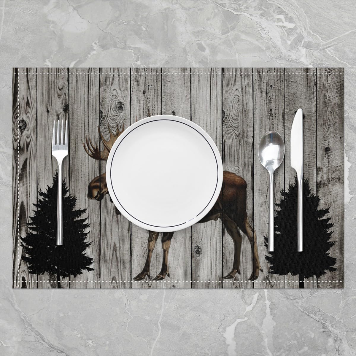 3D Moose Elegant Placemats for Dining Table Set of 4 Barn Door Wooden Stripes Place Mats 12x18 Inch for Restaurant Elk Deer Wildlife Kitchen Table Mats Easy to Clean