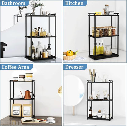 VOTZAAQ 3 Tier Bathroom Organizer Countertop, Stainless Steel Perfume Tray and Vanity Countertop Shelf, Makeup Skin Care Bathroom Organizers and Storage for Dresser, Kitchen (Matte Black)