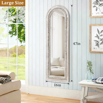 MWAZZLL Wall Mirror Full Length with Beaded Framed Arch Rustic Wood Floor Mirrors Decrorative Large 47"x16" for Bedroom Bathroom Living Room Entryway Dressing Room White
