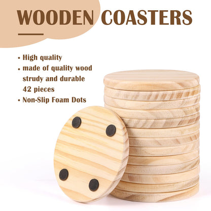 42 Pieces Unfinished Wood Coasters, 4 Inch Round Blank Wooden Coasters for Crafts with Non-Slip Silicon Dots for DIY Stained Painting Wood Engraving Home Decoration