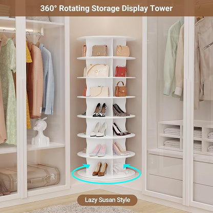 5-Tier Rotating Standing Shelf Unit with Dividers, 360° Storage Display Tower Vertical Floor Organizer, for Bedroom, Closet, Entryway & Office, Ideal for Shoes, Cosmetics & Handbags, White