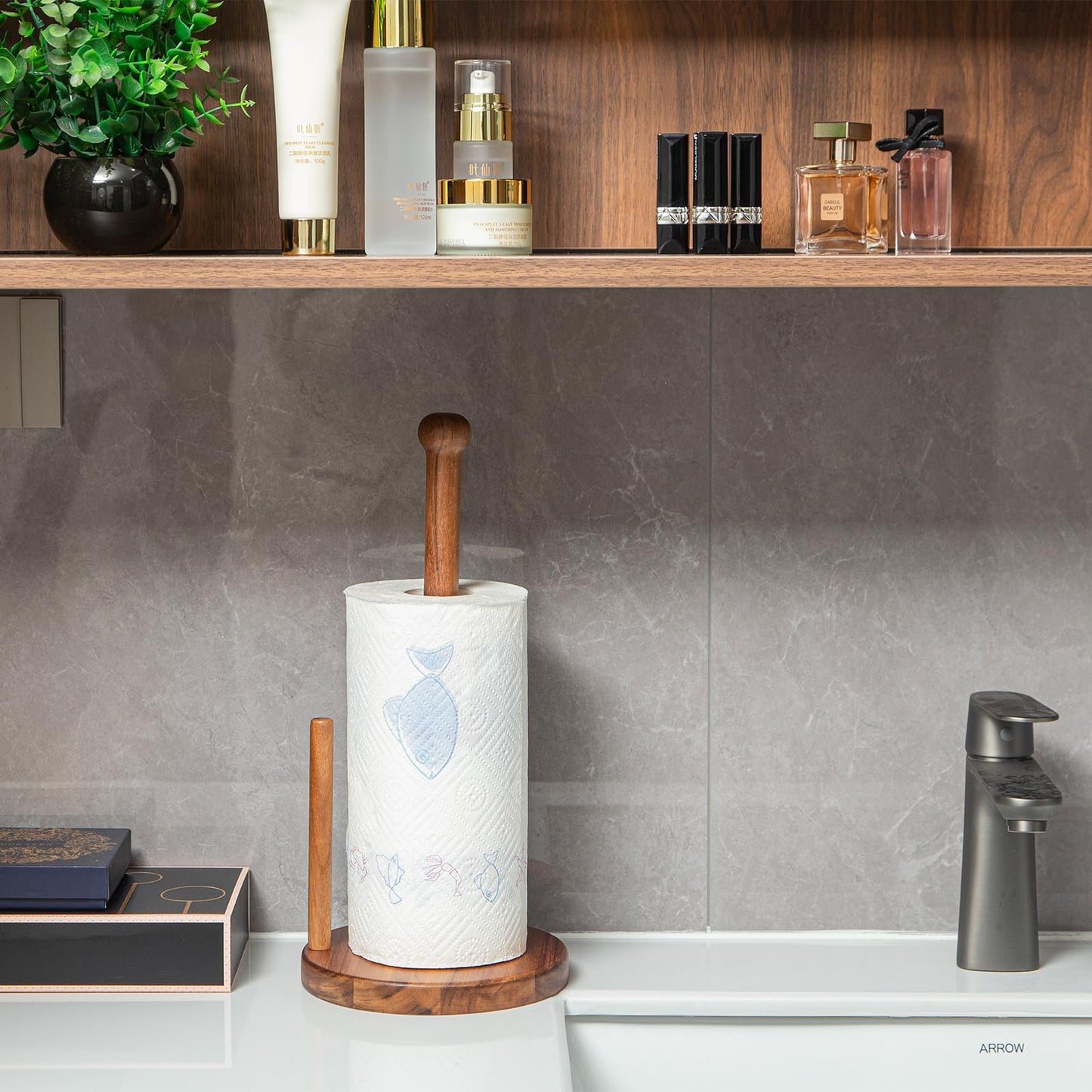 MornHalo 14.3" Acacia Wooden Paper Towel Holder, 6.7" Large Heavy Base Wooden Kitchen Roll Stand Organizer Free Standing, Rustic Farmhouse Paper Towel Holder Stand, Standing Paper Towel Roll Holders