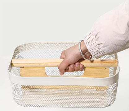 AJIODA Metal Mesh Steel Storage Basket, Garden Harvest Wire Organizer Basket Multi-functional Kitchen Fruit Basket with Wooden Removable Partition & Handle for Bath Picnic Decor Cabinet, Cream White