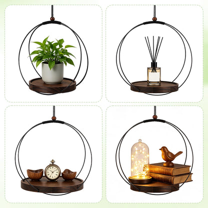 peacoblue 4 Pack Hanging Planters for Indoor Plant Hanger with Sturdy Round Wood Base, Black Metal and Hanging Potted Plant Holders for Wall Ceiling Window Planter Display(Plants/Pots Not Included)