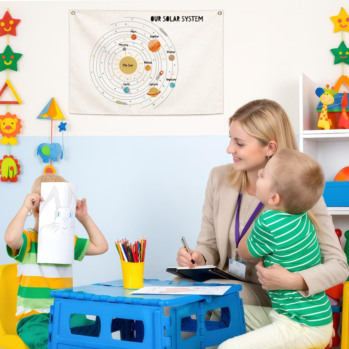 FYSIA Solar System Educational Rectangular Classroom Canvas Banner-Flag Sign Art for Baby Kids Girl Boy,Classroom Kindergarten Bedroom Playroom Reading Room Decor,Back To School-28.5" L x 20" W