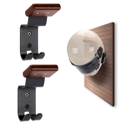 TOKCKYBL Motorcycle Helmet Holder Wall Mount - Solid Wood & Steel Gear Organizer Rack with 2 Hooks, Heavy Duty Display Hanger for Helmets, Football Gear, Ski Equipment, Hats, Jackets - 2 Pcs