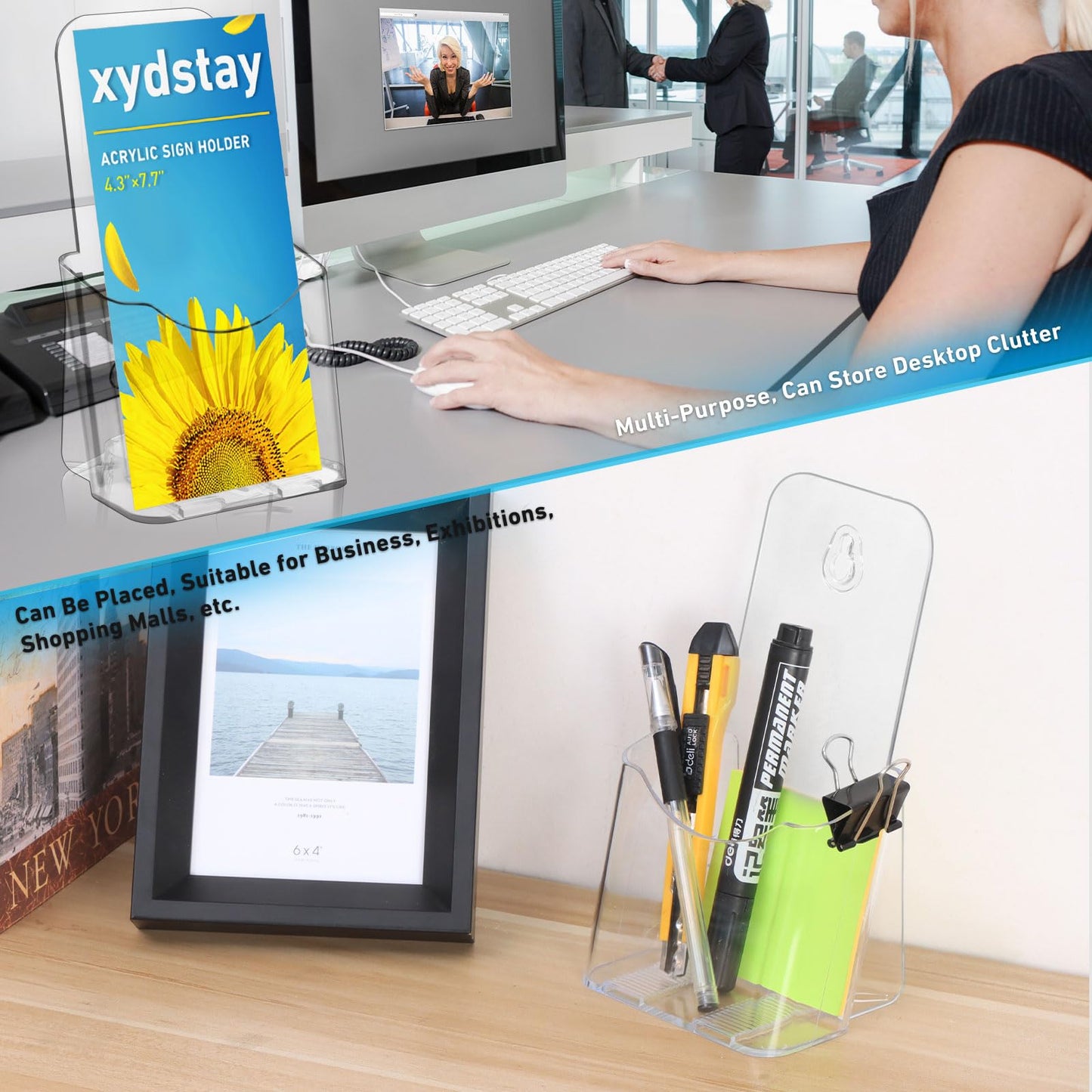xydstay Brochure Holder 4x9 Inches Slant Back Design, Clear Display Stand, Plastic Table Stand Sign Holder,Pamphlet Holder Flyer Holder, Acrylic Display Stand, Acrylic Table Signs Plastic Paper Holder for Office, Home, Store, 4 Pack