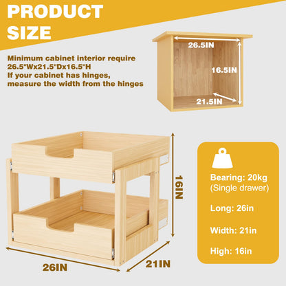 Pull Out Cabinet Organizer, 26''W×21''D×16''H Soft Close Slide Out Wooden Pull out Drawers, Double Tier Slide out Wood Cabinet Organizer, for Base Cabinet Organization in Kitchen, Pantry, Bathroom