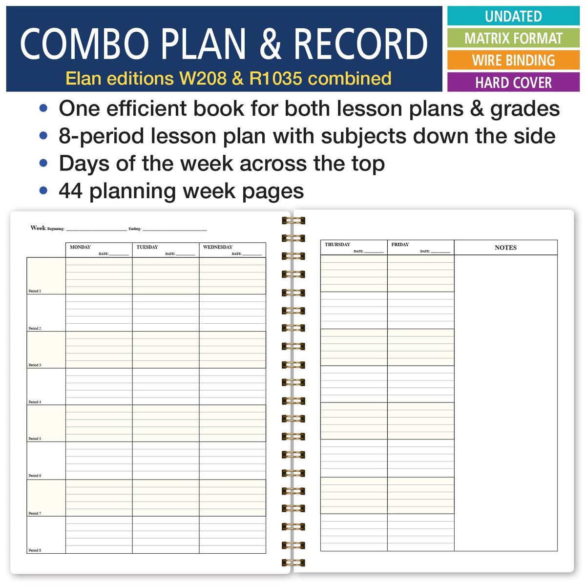 Elan Publishing Company HARDCOVER Combination Plan and Record Book - 8 Period Teacher Lesson Planner (Teal Floral)