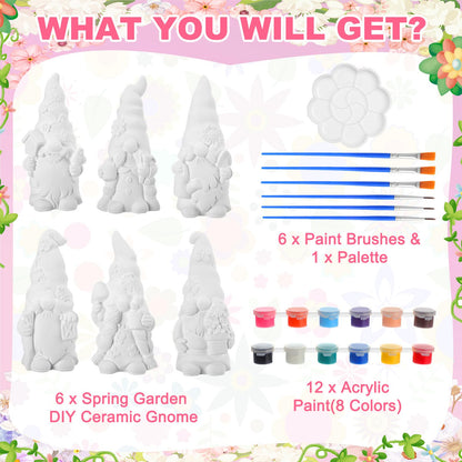 Arrowbash 6 Pcs Garden Ceramics to Paint Ready to Paint Your Own Gnome Statues 5.12 Wildflowers Theme Paintable Figurines DIY Unpainted Ceramics Plaster Crafts Kit with Brush Palette