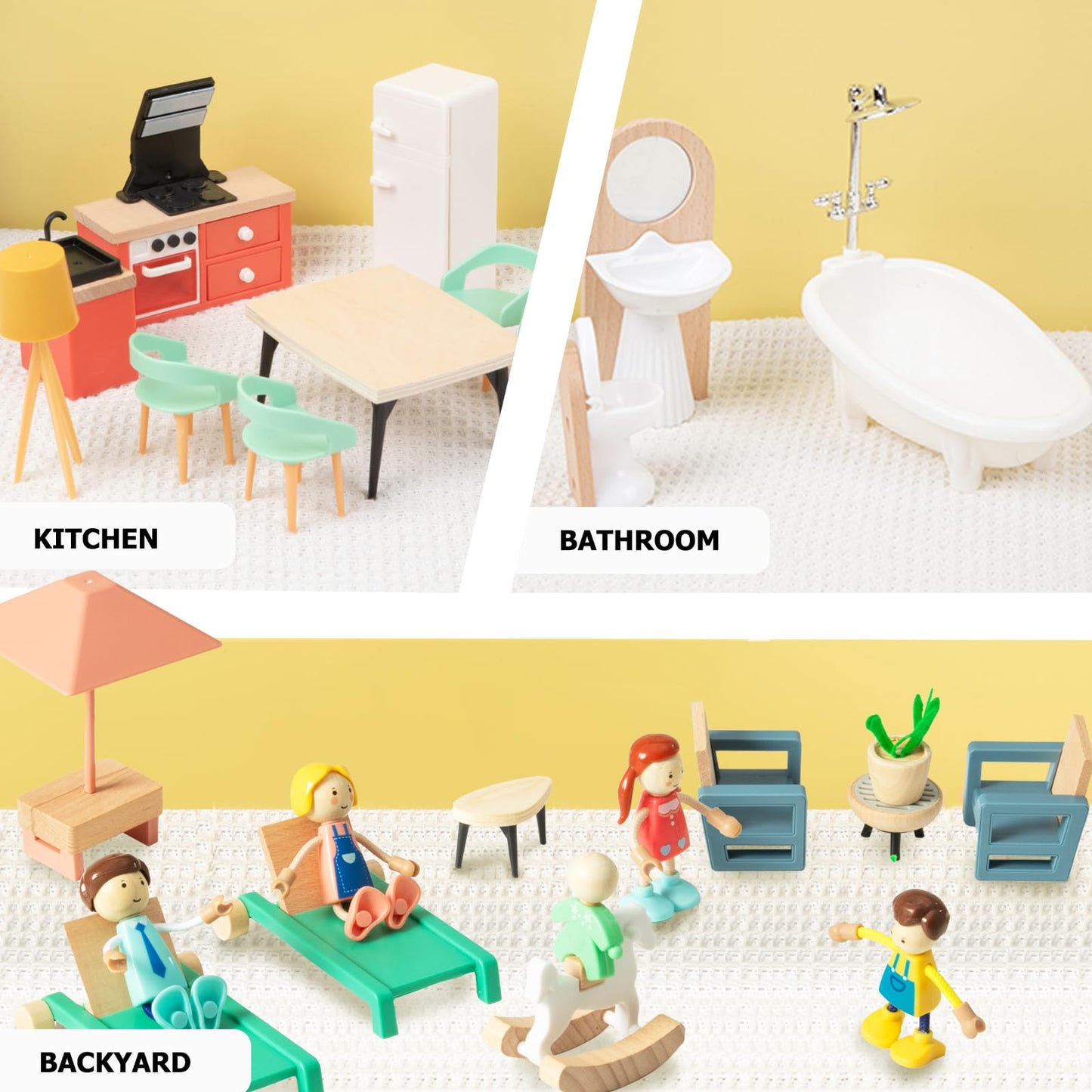 Smartwo 43PCS Wooden Dollhouse Furniture Set 6 Rooms with 5 Family Dolls,Wood and Plastic Dollhouse Accessories, in/Outdoor Scenes Pretend Play Toys Christmas Birthday Gift for Boys Girls & Kids 3Y+