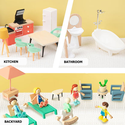 Smartwo 43PCS Wooden Dollhouse Furniture Set 6 Rooms with 5 Family Dolls,Wood and Plastic Dollhouse Accessories, in/Outdoor Scenes Pretend Play Toys Christmas Birthday Gift for Boys Girls & Kids 3Y+
