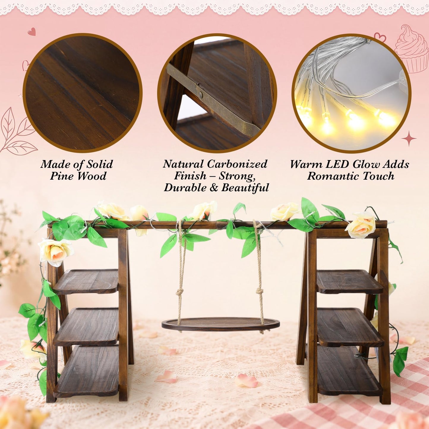 Purpeak Rustic Wooden Cupcake Stand with LED String Lights, 3 Tier Dessert Display Ladder with Swinging Tray, Solid Pine Serving Trays with Flower Vine for Wedding, Party, Birthday Event Table Decor
